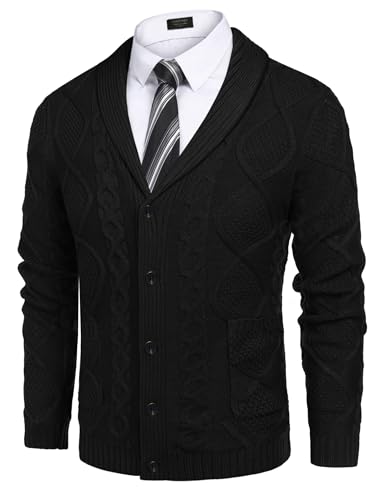 COOFANDY Mens Shawl Collar Cardigan Sweater Slim Fit Button Down Cable Knitted Sweater with Pockets