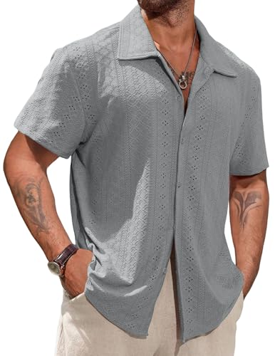 Vssjavun Mens Short Sleeve Button Down Shirts Casual Hollow Out Summer Beach Shirt