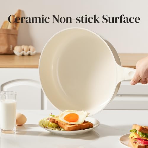 Image of Redchef Nonstick Deep Frying Pan with Lid, Ceramic Saute Pan Skillet, PFOA PFOS Free, Induction Compatible, Stay-Cool Helper Handle, Tempered Glass Cover, Dishwasher Safe, Beige (3.7Qt, 10 inch)