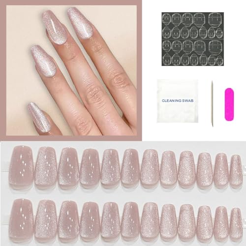 Image of Secret Lives Cats Eye Reusable Artificial Coffin Shape Brown color Designer Fake Press on Nails 24 Pieces Set with Kit