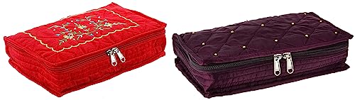 Image of Amazon Brand - Solimo Cotton Jewellery Kit Cum Pouch, Red Satin Jewellery Cum Makeup Kit Pouch, Purple