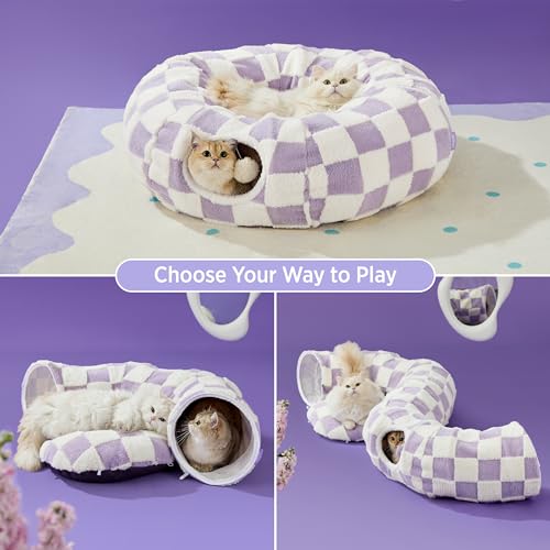 Image of Lesure Cat Tunnel Bed for Indoor Cats - Cute Cat Donut Tunnel Toys for Small Large Cats with Washable Circle Cushion, Round Pet Peekaboo Cave Toy for Kitten /Puppy /Rabbit, Standard Lavender Checks