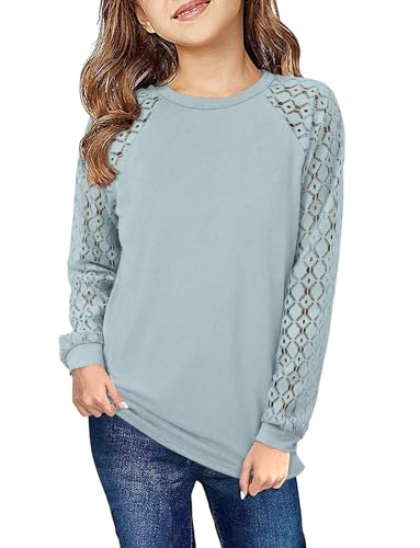 Image of Yoklass Girls Long Sleeve Shirts Kids Lace Casual Cute Crew Neck Top Sizes 5-14 Years