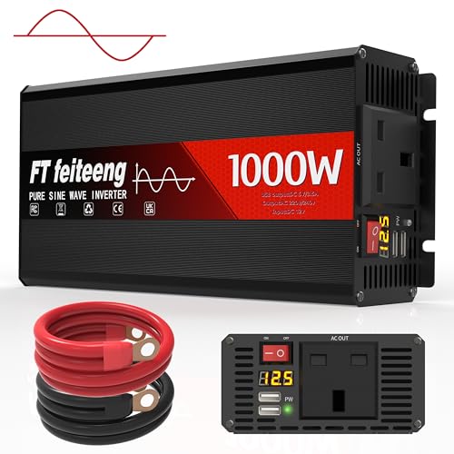 1000W 12V to 240V Pure Sine Wave Inverter Power Inverter Stable Output Dual USB 3.1A Fast Charging LED Display 6 Protection Functions Car Inverter for Camping Emergency