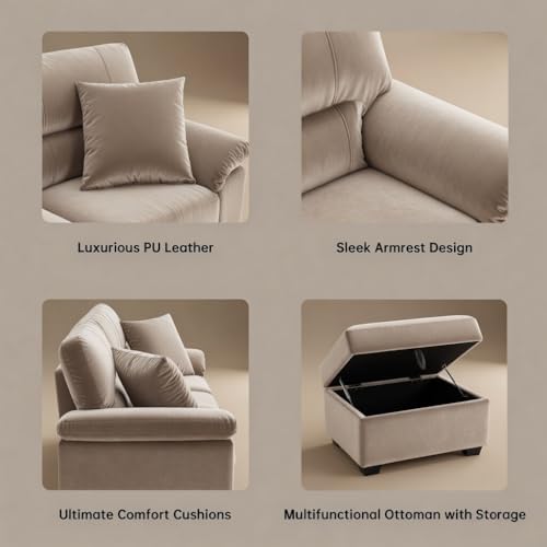 Image of Anderson Sofa Set for Living Room | Sectional Sofas | Premium Leather Sofa for Home Office | Leather Sofa Set | Leatherette Sofa (Beige Fabric, 3+2 Seater with Ottoman)