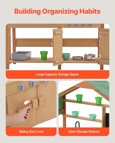 Image of VEVOR Mud Kitchen for Kids Outdoor, Wooden Mud Kitchen Set with Canopy, Mud Kitchen for Kids Outdoor Backyard with Stoves, Planter Boxes, 2 Sink, Faucet, Blackboard, Cookware Pot