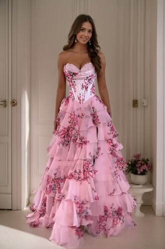 Tiered Floral Print Prom Dresses Long Ball Gown Tulle Formal Dress Strapless Evening Gown Sweetheart Party Dress2