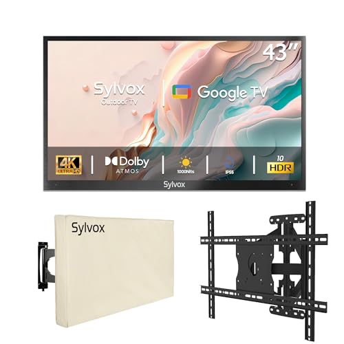 SYLVOX TV Exterior 43 Pulgadas, 4K UHD HDR, 1000 Nits, Google TV, Dolby Atmos, 60 Hz, WiFi, DVB-C/S2/T2, Smart TV IP55 Resistente al Agua para Jardín, Terraza & Piscina | Deck Pro 2.0