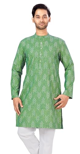 Image of Studio Shringaar Men's Cotton Blend Relaxed Fit Ikat Printed Knee Length Kurta