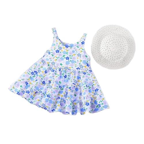 Image of Bold N Elegant Toddler Girls Summer Dress with Crochet Hat Set, Sleeveless Floral /Strawberry Print Tiered Sundress, Casual Beach Party Outfit for Baby Girls 1-6 Years