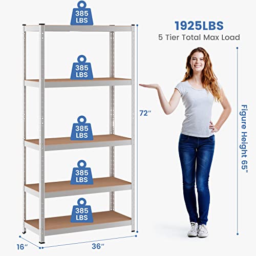 Ergomaster 5 Tiers Steel Shelves 72 Inches Height For Storage Heavy Duty Garage Organization Utility Shelf Rack For Books, Kitchenware, Tools Bolt-Free Assembly (Set Of 1,Silver) #TOP2
