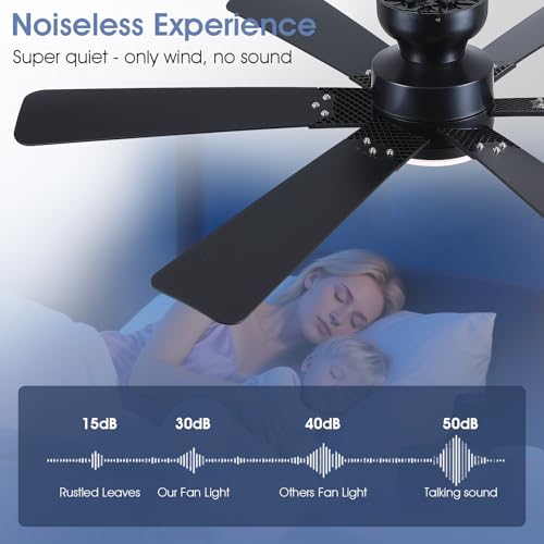 Image of 52 inch Low Profile Ceiling Fans with Lights and Remote, Black Indoor Ceiling Fan Light with Quiet Reversible DC Motor,Modern Flush Mount Ceiling Fans with Dimmable LED for Bedroom Kitchen