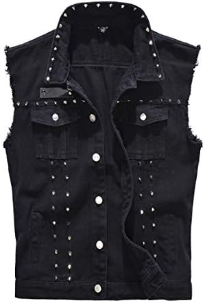 Cekaso Men's Denim Vest Sleeveless Jacket Punk Casual Lapel Jean Vests with Rivets, Black, Tagsize5XL=USsizeXL