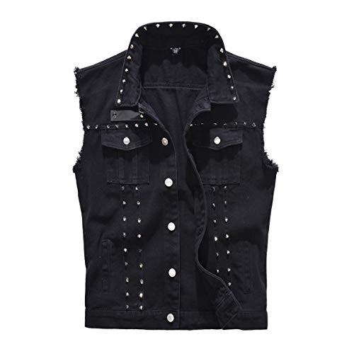 Cekaso Men's Denim Vest Sleeveless Jacket Punk Rock Jean Vest Casual Outerwear Vests with Rivets