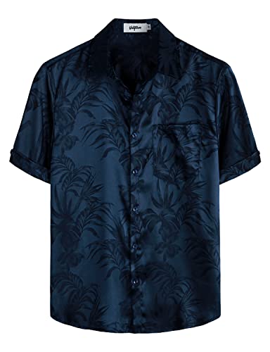 Vatpave SC40_NAVY_XL Mens Summer Jacquard Regular Fit Shirts Casual Button Down Short Sleeve Beach Tops With Pocket X-Large Navy Silk Shirts thumb #1