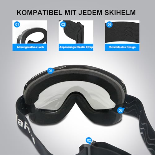 GlaRid Snowboard Skibrille für Herren Damen Jugend Anti Beschlag über der Brille Winter Schneebrille mit sphärischer abnehmbarer Scheibe (Schwarz)