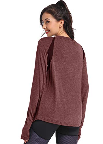 Muzniuer Women's Active Long Sleeve T Shirt Plain Long Sleeve Shirt Yoga Tops Training Shirts Sports T-Shirt Breathable Workout Shirts with Thumb Hole Workout Clothes for Women Burgundy L