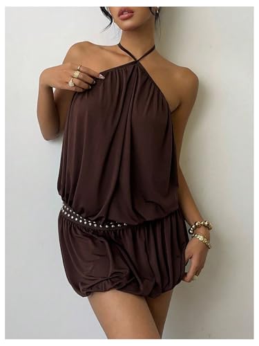 Floerns Women's Y2k Sleeveless Halter Dress Beaded Tie Neck Backless Bubble Mini Dress4
