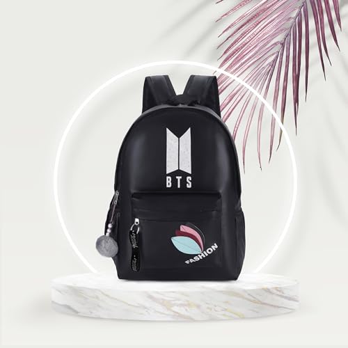 Image of BTS Backpack for Girls & Boys | Stylish Waterproof School Bag with Fashion Design & Pom Pom Keychain | Lightweight Travel & College Backpack for Teens & K-Pop Fans-Best Gift