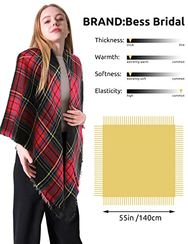 Bess Bridal Women's Plaid Blanket Winter Scarf Warm Cozy Tartan Wrap Oversized Shawl Cape - Thumbnail 2