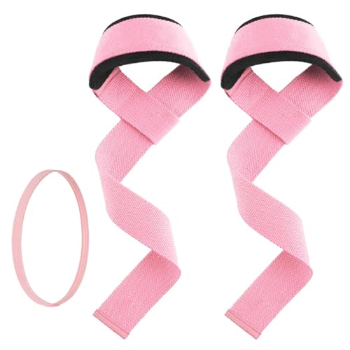 1 Pair Weight Lifting Straps Wrist Wraps Weightlifting with Sports Headband Professional Gym Straps Wrist Support Gel Advanced Grips Dumbbell Bar Wraps for Men, Women(COLOR:Pink)