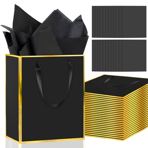 Epoesch 24Pcs Premium Gift Bags with Handles & Tissue Paper 8x5x10 Black with Gold Edge Thank You Bags for Fathers Day Birthdays Birthdays Party Wedding Welcome Gift Business