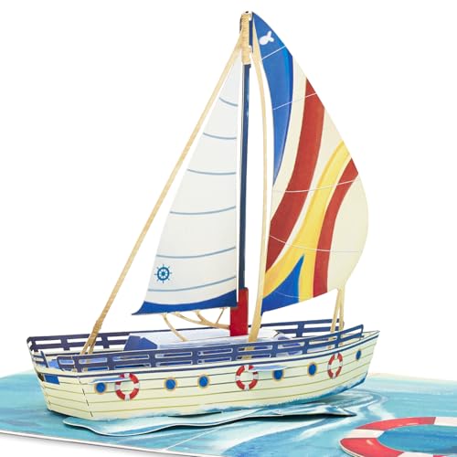 Image of POPWOW Sailboat Pop Up Card, 5x7 Inch 3D Greeting Card, Travel and New Adventure Design for Retirement, Birthday or Father's Day, Dad, Grandfather, Boss, Includes Envelope & Note