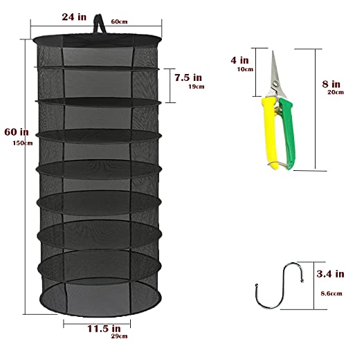 LQSURN Herb Drying Rack Net 8 Layer Opening Hanging Drying Rack Net, 2ft Plant Drying Rack Net with Pruning Scissors, Hook, for Drying Seeds, Herb, Bud, Hydroponic Plants