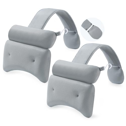 Hugabow 2-Pack Dual-Section Pillows for Hot Tub (Grey) Dual-Section Head & Neck Support Cushion for Spa & Chaise Lounge Removable Weighted Pouch Adjustable Long Strap & Easy-Dry Hook
