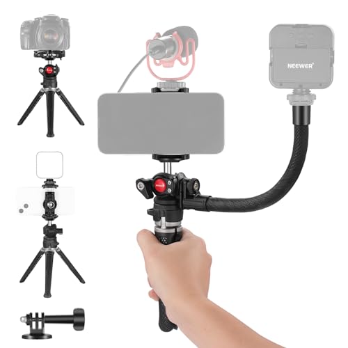 Image of NEEWER Mini Desk Tripod for iPhone with 2in1 Phone Holder /Action Camera Adapter /Flexible Arm, Small Portable Pocket Tripod Compatible with GoPro iPhone for Travel Vlogging Video Recording, TS006