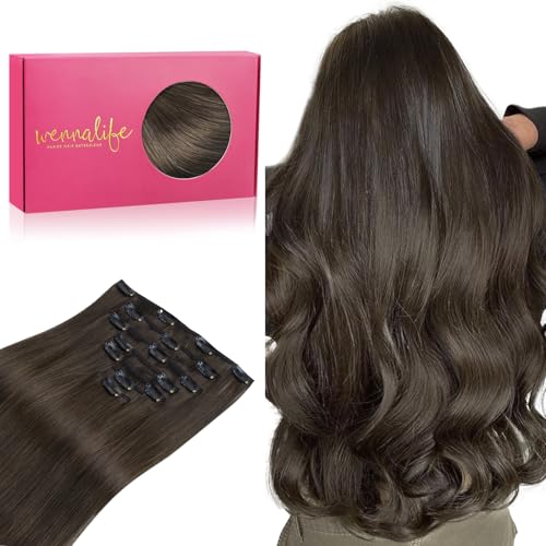 WENNALIFE Clip In Human Hair Extensions, 18 Inch 120g 7pcs Cool Dark Brown, Clip-In Hair Extensions for Women, Straight Remy Human Hair