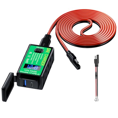 YONHAN Motorcycle Phone Charger Total 60W 6.8A Dual USB Type C PD & QC 3.0 Motorcycle USB Charger SAE to USB Adapter with Voltmeter & ON/Off Switch Waterproof Motorcycle Accessories for Phone