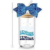 Hushee Class of 2025 Senior Night Gifts 16 oz Glass Water Bottle with Lids Straws Glitter Bow Straw Topper Senior 2025 Tumbler Graduation Gift for Her Women Team Coach Player(Blue)