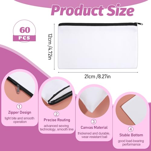 60Pcs Sublimation Blank Canvas Makeup Bags, Bulk Small Canvas Bags With Zipper, Heat Transfer Cosmetic Makeup Bags, Travel Toiletry Pouch Storage, Bridesmaid Makeup Bag2
