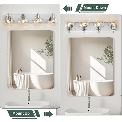 Image of 4 Light Bathroom Light Fixtures-Chrome Bathroom Vanity Lights, Modern Vanity Lights 4-Light Bathroom Lighting Fixtures Over Mirror with Clear Glass Globe Shade