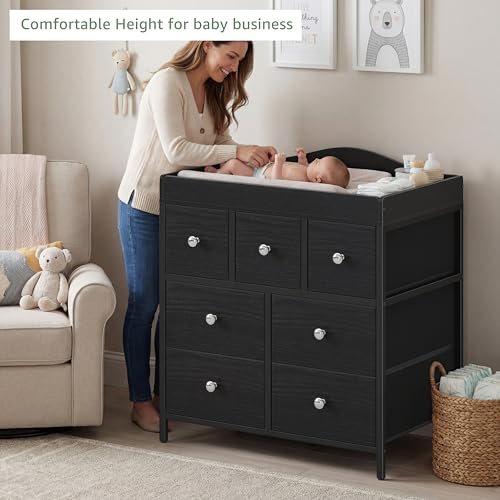 Image of BOLUO Changing Table Dresser with Storage, Baby Dresser with Changing Table Top Diaper Changing Station with 7 Fabric Drawers for Nursery Modern