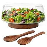 MIAMIO   Grand Saladier en Verre (3,5L) avec Ustensiles, Saladier avec Socle en Bois d'Acacia, Bol à Salade, Coupe à Fruits, Service de Table Élégant