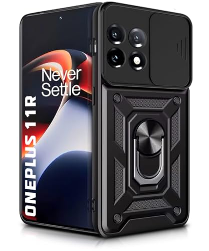Image of WOW IMAGINE Tough Armor Bumper Mobile Back Case for 1+ OnePlus 11R 5G | Sliding Camera Shield Cover | Shock Proof 360 Protection | Hybrid PC + TPU | Ring Holder with Kickstand - Black