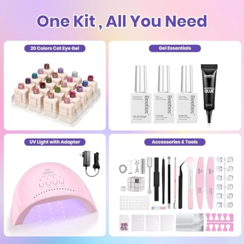 Image of Beetles 96 Pcs Gel Nail Kit with U V Light & DIY Magnet Set - 20 Color Cat Eye Gel Polish Set Illusion Glow Nail Art Tools Manicure Kit Diverse Cateye Glassy Swirls Effect Salon Gifts for Women Girls