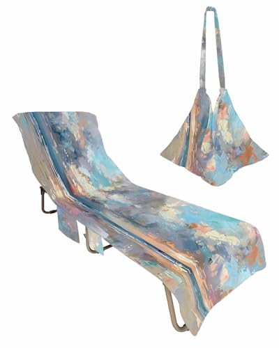 Debedcor Blue Gray Coastal Beach Chair Cover with Pockets, Microfiber Quick Dry Chaise Lounge Cover, Oil Painting Modern Abstract Art Pool Lounge Chair Covers Towel for Sunbathing Patio Garden
