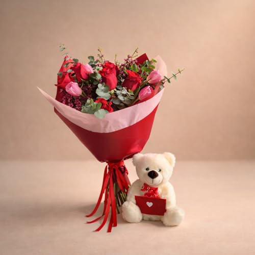 FLORES SOLIDARIAS   Ramo De Rosas y Tulipanes Naturales   Pack Regalo Ramo Flores Fresco con Peluche   Regalos San Valentin   Día de los Enamorados   Regalos Pareja