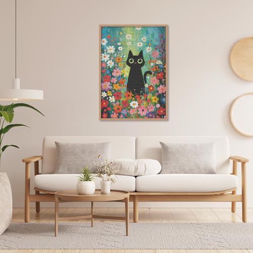 Puzzles Cute Black Cat para adultos 500 piezas. Puzzles de rompecabezas de naturaleza con flores coloridas. Rompecabezas artísticos desafiantes de flores, animales y plantas miniatura 6