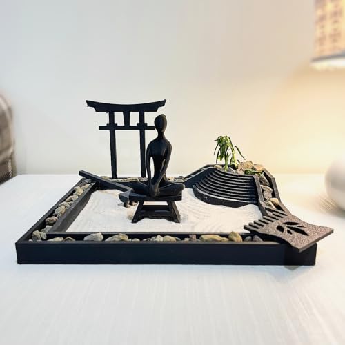 Image of Desktop Zen Garden Set, Japanese Style Meditation Sand Garden in Black PLA with mini Torii Gate and Rake, Table Decor (Small)