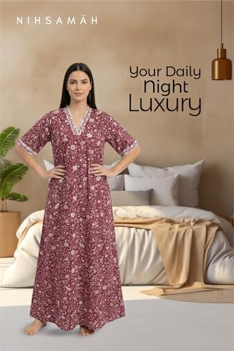 Image of NIHSAMAH Cotton Nighty for Women - Embroidered & Printed Stylish Night Gown, Comfortable Sleepwear Long Nightwear, Maxi