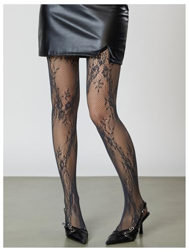 Image of RoseSeek Women's Floral Lace Fishnet Tights Kawaii Y2K See Through Stocking | Sheer Mesh, Lace Tights, Floral Lace Fishnet Tights, Thigh Highs, Leggings, Y2K Stockings