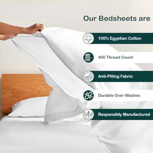 Image of Twin 2 Pack Bedsheet Sets - 400 Thread Count 100% Cotton Sateen - 4 PC Sheet Set -Extra Soft, Breathable & Cooling Sheets - Set of 2 Deep Pocket Bed Sheets - White Solid