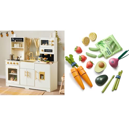Image of Tiny Land New Modern Wooden Play Kitchen & Wooden Vegetable Fruit Play Set