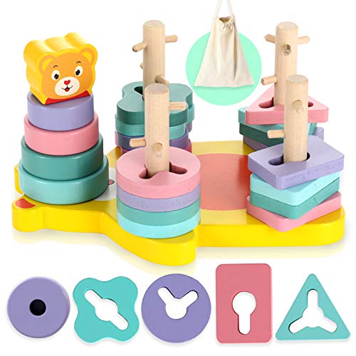 Wooden Sorting and Stacking Toys for Toddlers, Wooden Toys for Toddlers 1-3, Shape Color Sorting Preschool Stacking Blocks Toddler Puzzles Toys for Boys and Girls Age 1 2 3 (Bear Shape sorter Toy)