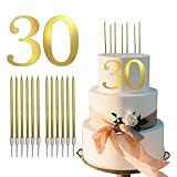 Gold 30 Birthday Cake Topper with Candles for Birthday Cakes Happy 30th Birthday Decorations Number 30 Cake Toppers for Golden 30 Years Old Birthday Party Supplies with 12 Long Thin Metallic Candles
