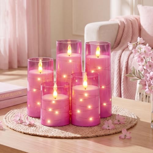 Image of Homemory Flickering Flameless Candles, Pink LED Pillar Candles with Remote | Acrylic Battery Operated Timer Candles with Embedded Star String Lights for Dating, Christmas & Indoor Holiday Home Decor